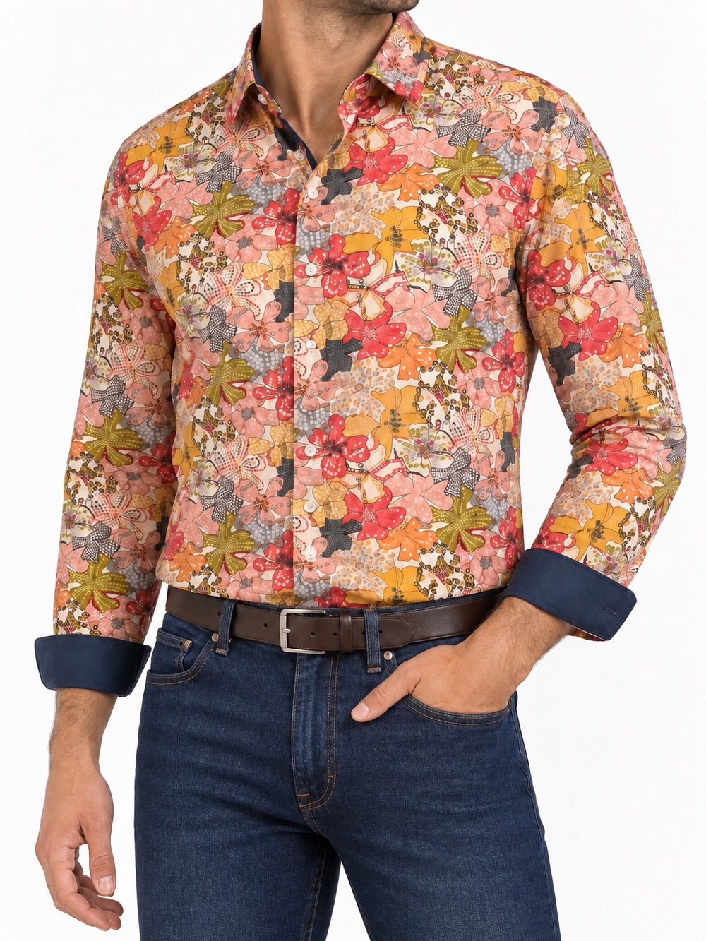 John Lennon Men’s XL Psychedelic Floral Cotton Flip-Cuff Button-Up Shirt NWOT